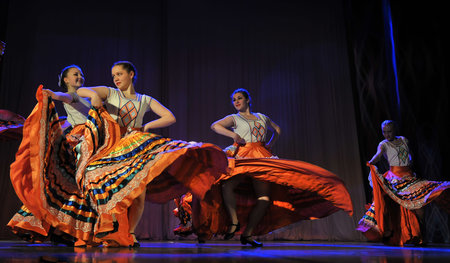 Russia, St. Petersburg, 22,05,2016 Children's dance group performs a gypsy dance at an open festival...