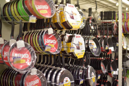 Russia, St. Petersburg 27,12,2015 Frying pans in the supermarketのeditorial素材