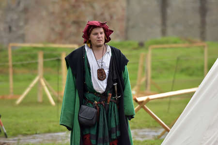 Russia, Ivangorod 01.08,2015 Festival of medieval reconstruction "Russian fortress", Fencing on swords in medieval costumesのeditorial素材