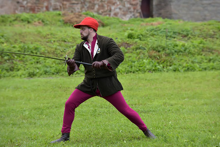 Russia, Ivangorod 01.08,2015 Festival of medieval reconstruction Russian fortress, Fencing on swords...