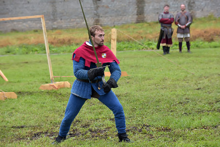 Russia, Ivangorod 01.08,2015 Festival of medieval reconstruction "Russian fortress", Fencing on swords in medieval costumesのeditorial素材
