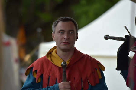 Russia, Ivangorod 01.08,2015 Festival of medieval reconstruction "The Russian Fortress" People in medieval costumesのeditorial素材