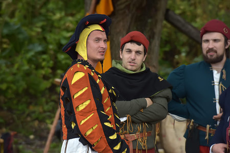 Russia, Ivangorod 01.08,2015 Festival of medieval reconstruction "The Russian Fortress" People in medieval costumesのeditorial素材