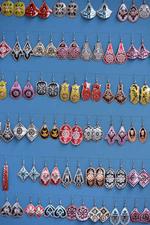 Many colorful handmade  earrings for sale at Istanbul marketの写真素材