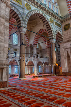 ISTANBUL, TURKEY - 13,03,2016 : An interior view of Suleymaniye Mosque (Suleymaniye Camisi), Istanbul, Turkeyのeditorial素材