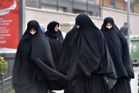 Turkey, Istanbul, 14,03,2018 unidentified Turkish women in traditional Islamic clothing on the streets of the cityのeditorial素材