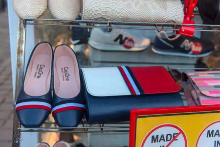 Turkey, Istanbul, 14,03,2018 Shoes and handbags of the same color in the shop window
