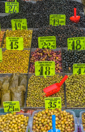 Istanbul. Turkey - 13.03.2018: Olives in the street market in Istanbulのeditorial素材