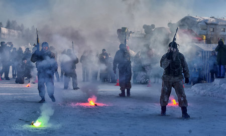 Russia, Saint-Petersburg. 23,02,2018 Demonstration performance of the Russian Army landing troops in honor of the Day of the Defender of the Fatherlandのeditorial素材
