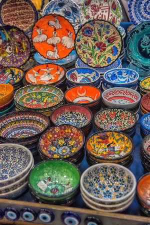Turkey, Istanbul, 20,03,2018  Colorful Turkish dishes in the Grand Bazaar of Istanbul, Turkeyのeditorial素材