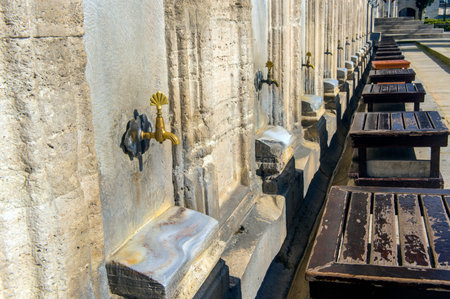 Places for ritual ablution in Suleymaniye Mosque in Istanbul, Turkey in a beautiful summer day