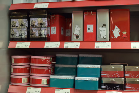 Finland, Imatra 12,05,2015 Tin containers for groats and food in the supermarket