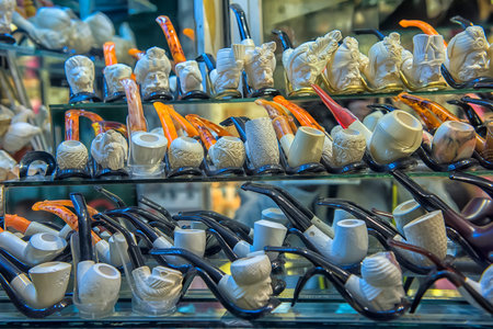 Turkey, Istanbul 23,08,2018 Smoking pipes with carving on the Grand Bazaar