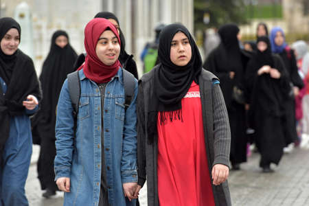 Turkey, Istanbul 23,08,2018 Turkish schoolgirls in Islamic clothes on the streetのeditorial素材