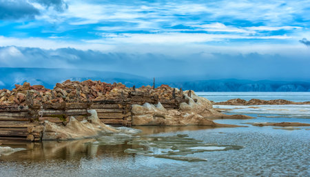Baikal, Olkhon. Remains of the pier of the fish factory at the Peschanoye tract there was one of the...