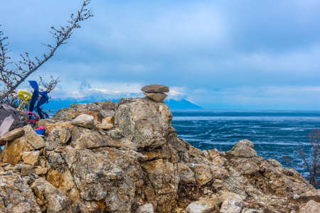 Cape Shunte-left (Love Cape) on east coast of island Olkhon on lake Baikalの写真素材