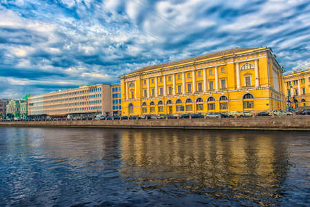 Russia, St. Petersburg, 22,09-2017 Embankment of the Fontanka River, houses and reflection in the waterのeditorial素材
