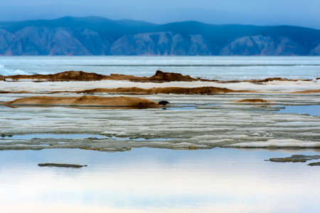 Baikal Lake in the May ice drift. Island of Olkhon and the movement of white ice on the blue waterの写真素材
