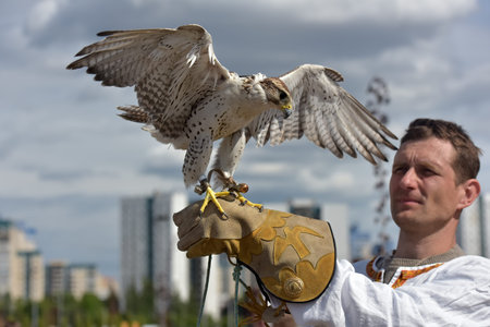 Russia, St. Petersburg, 10,06,2018 A man with a falcon on his hand in Slavic national clothes at the festival of Slavic culture, timed to celebrate the Day of Russiaのeditorial素材