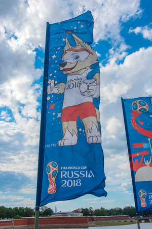 St. Petersburg, RUSSIA - 15,06,2018 The official mascot of the 2018 FIFA World Cup and the FIFA Confederations Cup 2017 wolf Zabivaka on the flags on the Trinity Bridgeのeditorial素材
