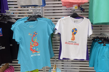 St-Petersburg, RUSSIA - 17.06, 2018: Official licensed products of FIFA World Cup 2018 Russia worldcup in the stores of Auchan shop. Souvenirs with the symbols of the Championship mundial mascot Zabivakaのeditorial素材