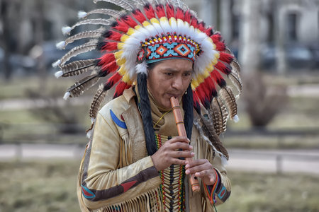 St. Petersburg, RUSSIA 05,04,2015 Street musicians in Indian costumes with musical instruments in...