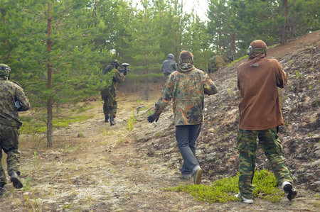 St. Petersburg, RUSSIA 27.06.2014 Open-air paintball tournament at the end of summer in nature,...