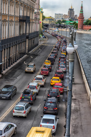 Russia, Moscow, 22,06,2017 Traffic jam at rush hour on the embankment of the Moscow River
