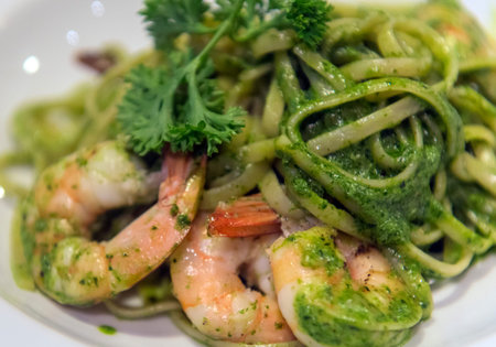 Top view Spaghetti pesto sauce with shrimpの写真素材