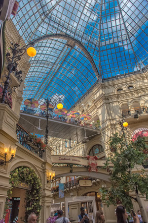 Moscow, Russia- 14,08,2018, Chinese new year interior decoration of central shopping mall GUMのeditorial素材