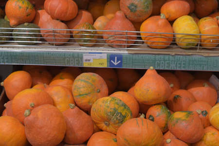 Russia, St. Petersburg, 01,09,2018 Pumpkins for sale in the supermarketのeditorial素材