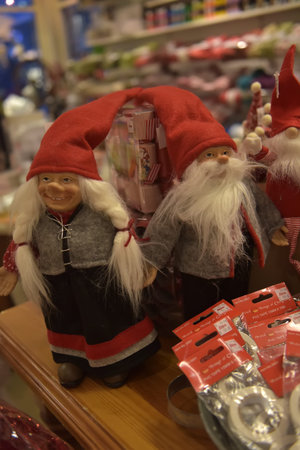Sweden, Kirkenes. 11,12,2017 Swedish Christmas gnomes at the Christmas market in the souvenir shopのeditorial素材
