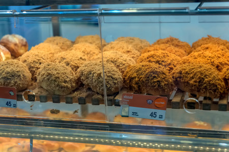 Thailand, Bangkok 24,08,2018 A variety of pastries on the shelves of a bakery in a shopping center