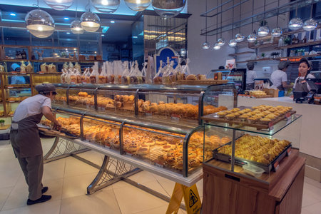 Thailand, Bangkok 24,08,2018 A variety of pastries on the shelves of a bakery in a shopping center