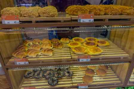 Thailand, Bangkok 24,08,2018 A variety of pastries on the shelves of a bakery in a shopping center