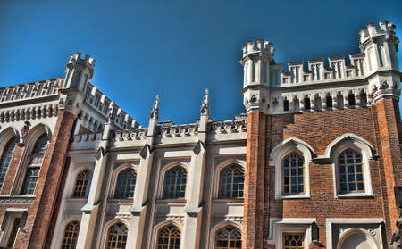 Russia, Peterhof, 23,06,2009 Gothic facades of a huge, trapezoid building of former court stables. The building, made in the form of a medieval fortress in the style of English Gothicのeditorial素材