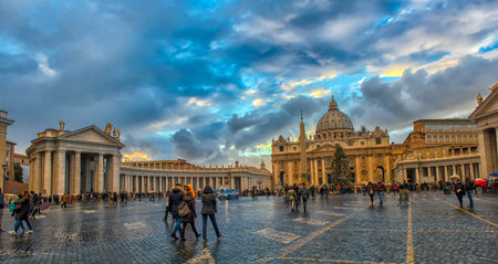 Rome, Italy - 10.10.2018 Square of St Peter at sunset with sunlight at background. It is located directly in front of St. Peter's Basilica in the Vatican City and was designed by Berniniのeditorial素材