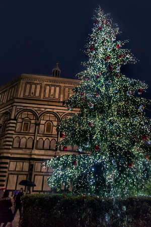 Italy, Florence, 03,01,2018 Florence Cathedral and Christmas tree at nightのeditorial素材