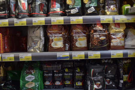 Russia, St. Petersburg 27,12,2015 Coffee packaging in the supermarketのeditorial素材