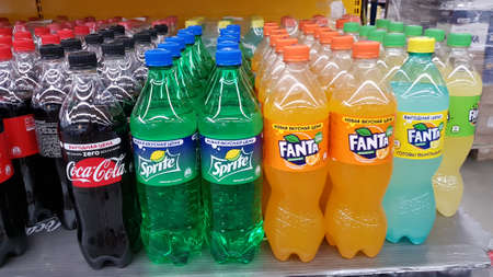 Russia, St. Petersburg, 14,10,2018 Carbonated drinks in a supermarketのeditorial素材
