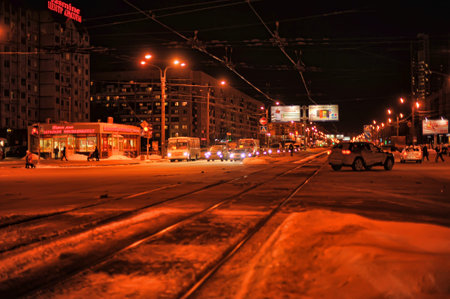 Russia, St. Petersburg 27,02,2017 Night traffic and pedestrians on the street in winter