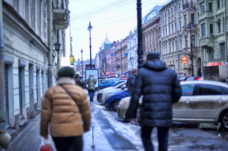 Russia, St. Petersburg, 03,03,2015 Cars parked on the street in the city center and pedestrians.のeditorial素材