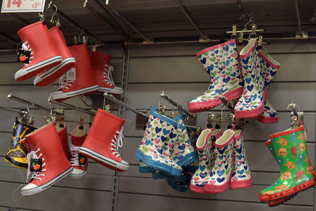 Finland, Lappeenratna 25,08,2015 Multicolored rubber boots in the store