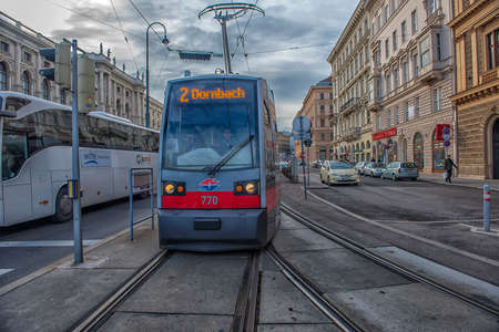 Austria, Vienna 30,12,2017 Tram on a city streetのeditorial素材