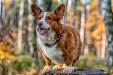 red and white corgi in the autumn forest on the stump