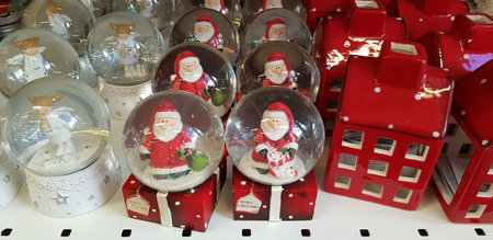 Russia, St. Petersburg 20,11,2018 Christmas toys Santa Clauses in a supermarketのeditorial素材