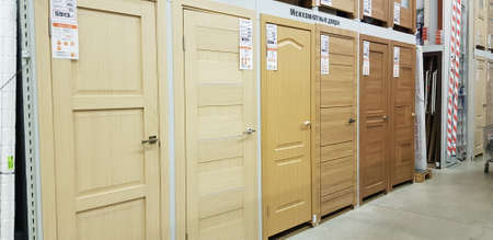 Russia, St. Petersburg 06,12,2018 Doors on sale in a hardware storeのeditorial素材