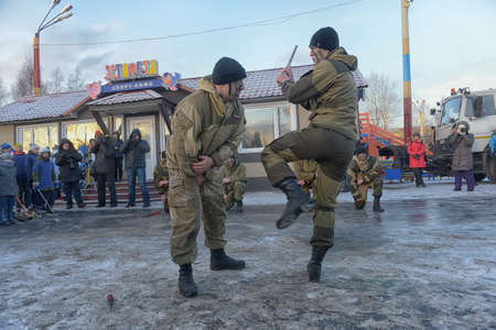 Russia, Severodvinsk 27,11,2016 Demonstration on hand-to-hand fighting of the military on the street in winter at the Hockey Day festivalのeditorial素材