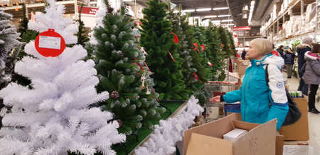 Russia, St. Petersburg 14,12,2018 Artificial Christmas trees in the store on saleのeditorial素材