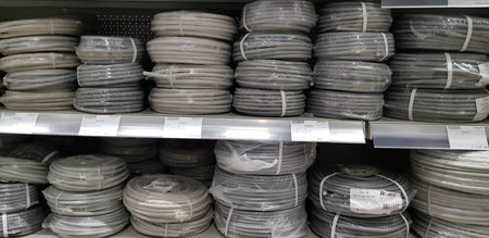 Russia, St. Petersburg 14,12,2018 Cables for electricity sold in a hardware store